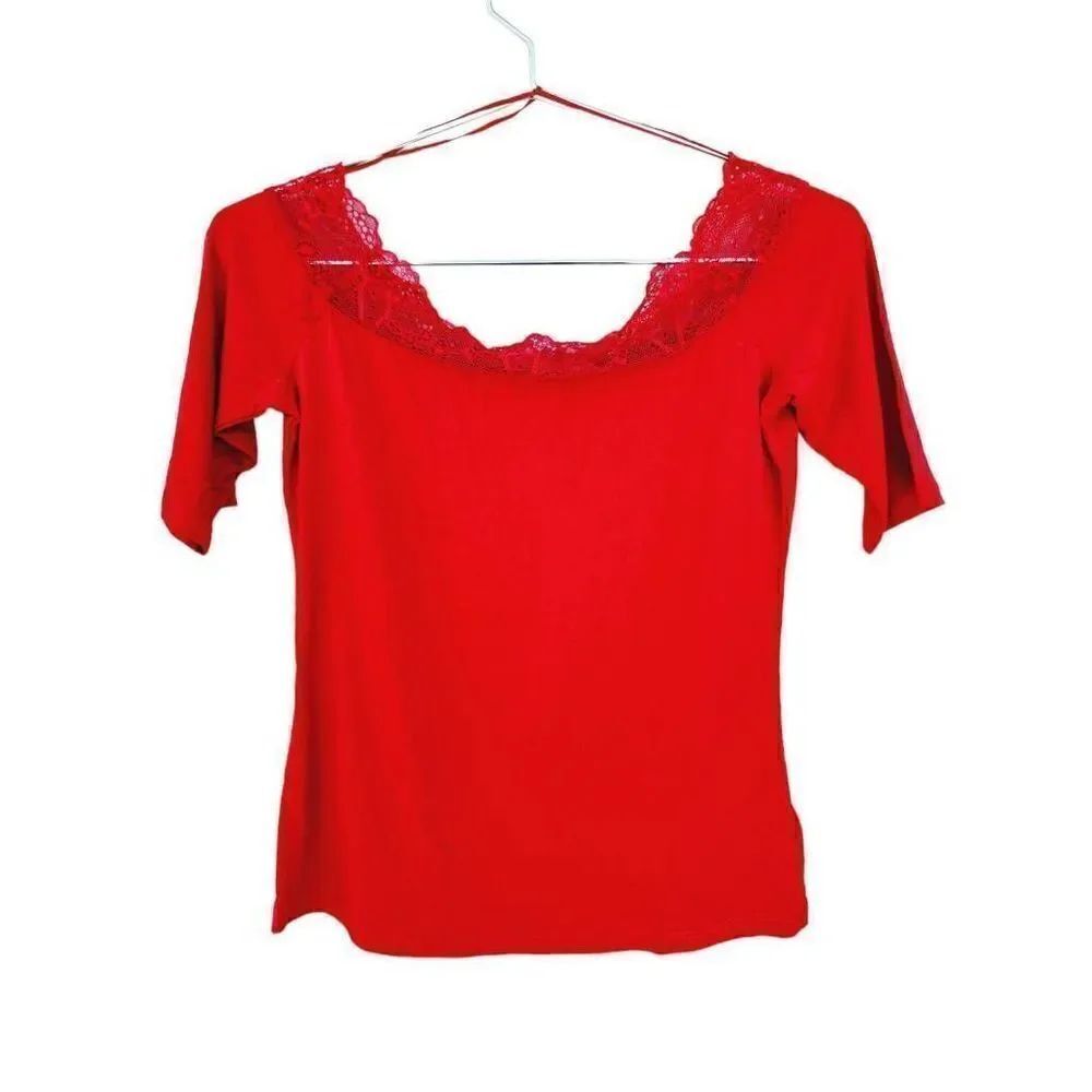 Michael Kors Womens Blouse Red Short Sleeve Scoop Neck Lace Cotton Blend S